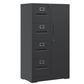 Metal Storage Vertical Filing Cabinet with Lock, Steel File Locker with 4 Drawers and 1 door for School, Living Room, Bedroom, Office (Black)